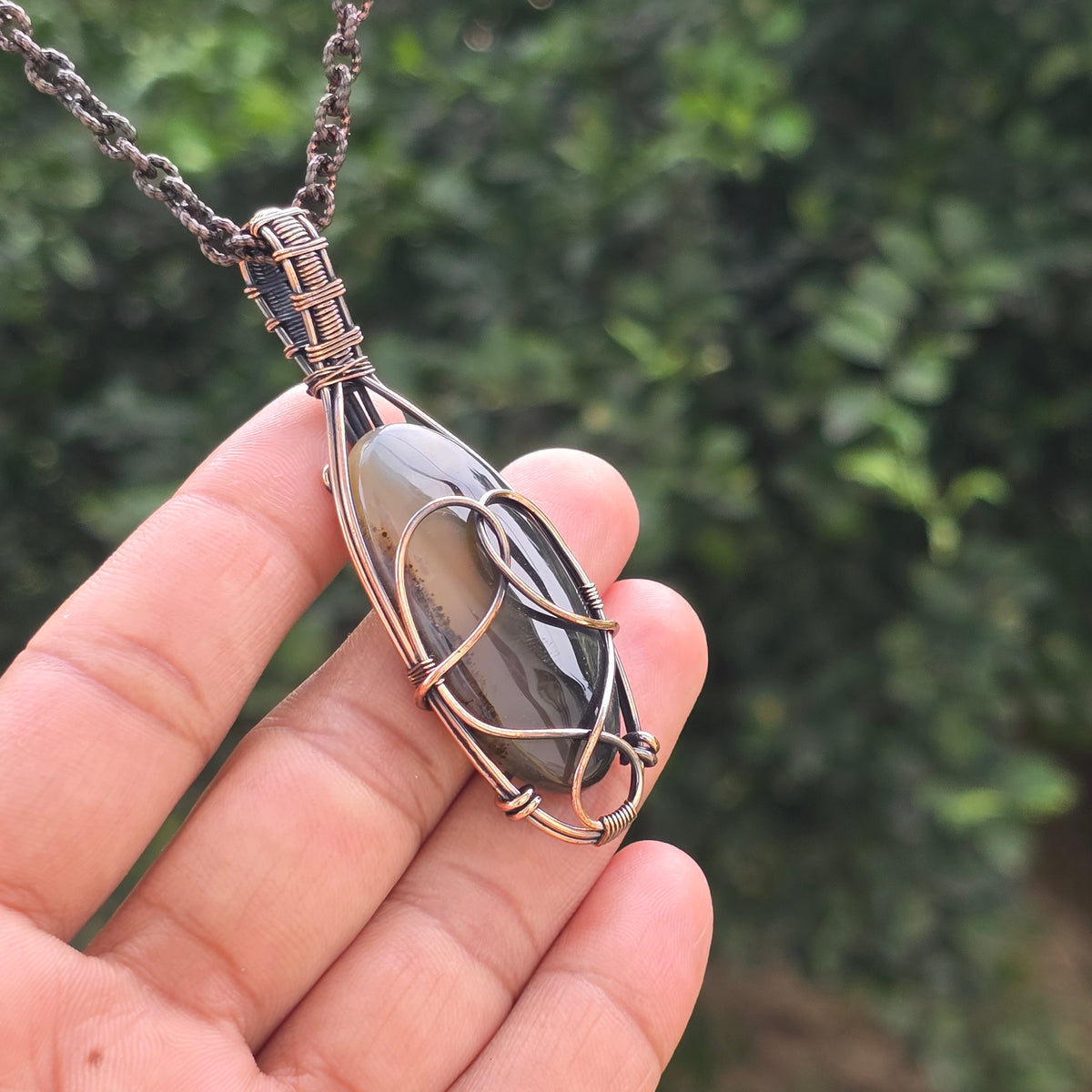 Crazy Lace Agate Gemstone Handmade Copper Wire Wrap Chain Pendant 2.75" Sunkarton