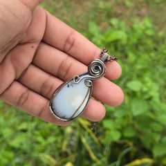 Dendrite opal Gemstone Handmade Copper Wire Wrap Chain Pendant 2.36" Sunkarton