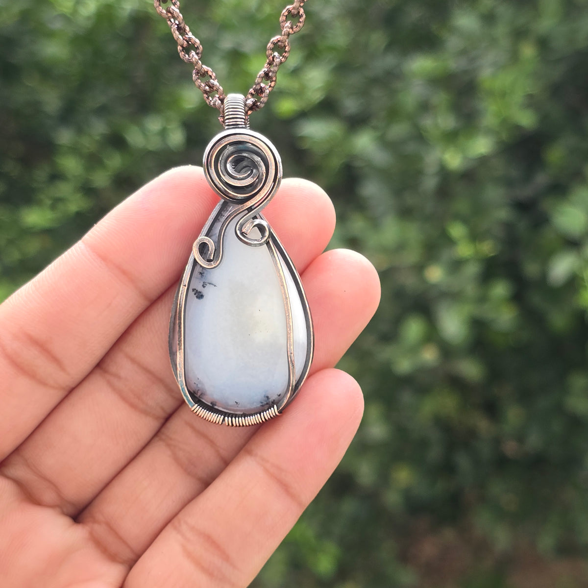 Dendrite opal Gemstone Handmade Copper Wire Wrap Chain Pendant 2.36" Sunkarton