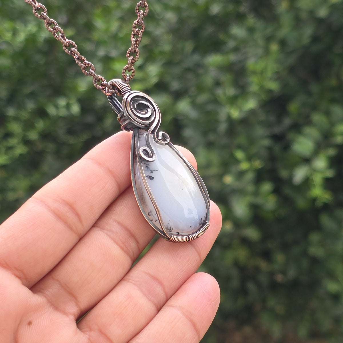 Dendrite opal Gemstone Handmade Copper Wire Wrap Chain Pendant 2.36" Sunkarton
