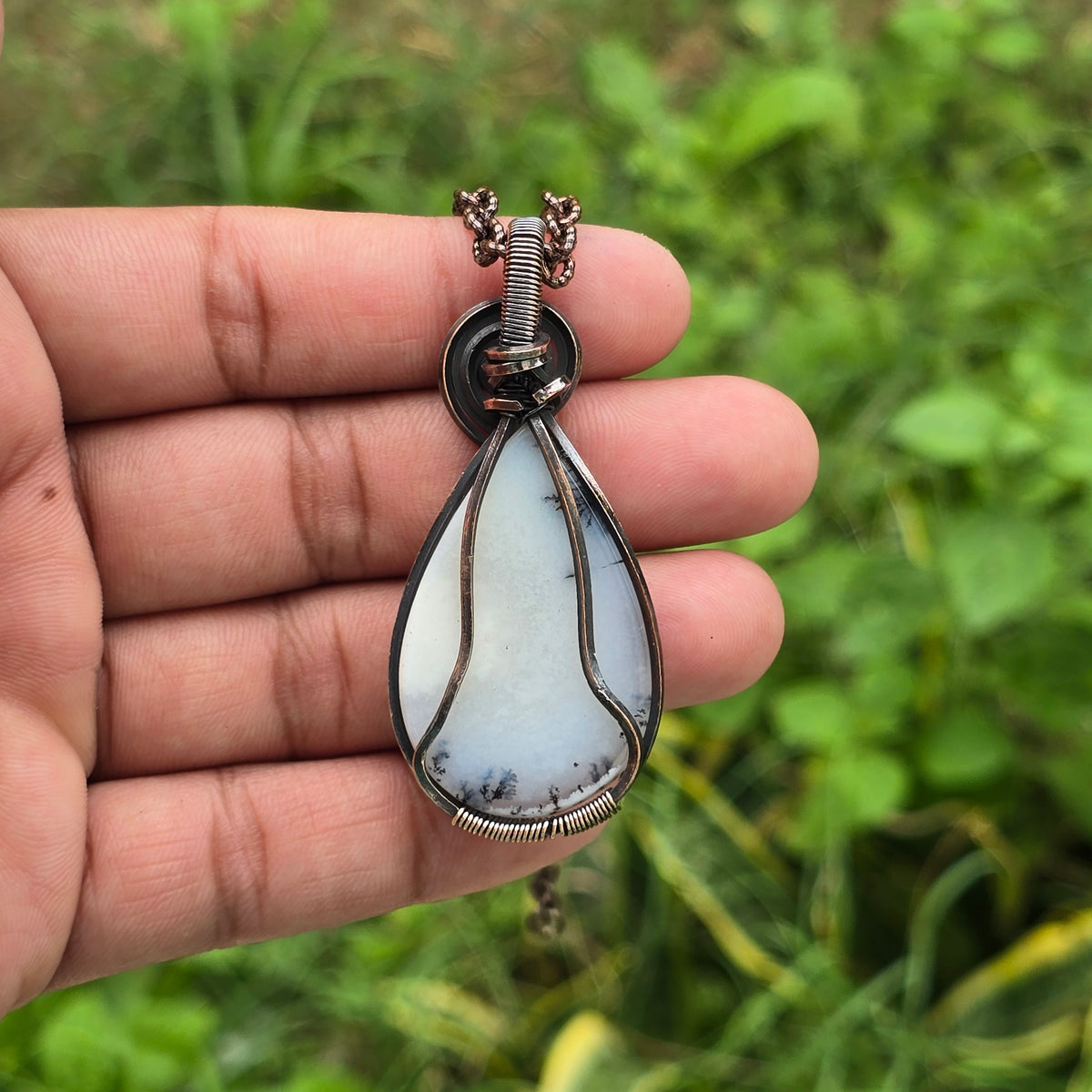Dendrite opal Gemstone Handmade Copper Wire Wrap Chain Pendant 2.36" Sunkarton