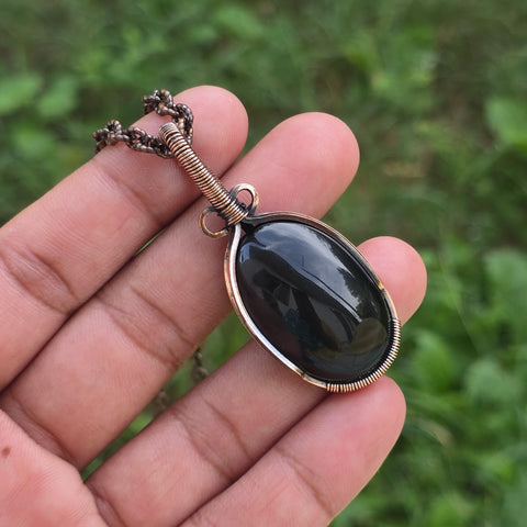 Black Onyx Gemstone Handmade Copper Wire Wrap Chain Pendant 2.16