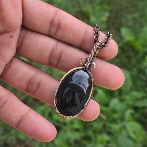 Black Onyx Gemstone Handmade Copper Wire Wrap Chain Pendant 2.16