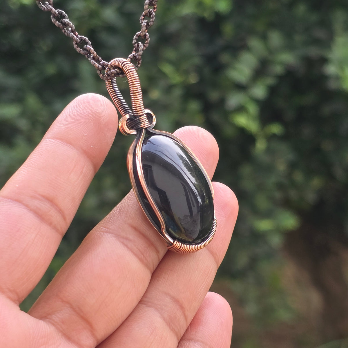 Black Onyx Gemstone Handmade Copper Wire Wrap Chain Pendant 2.16" Sunkarton