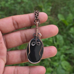 Black Onyx Gemstone Handmade Copper Wire Wrap Chain Pendant 2.16" Sunkarton