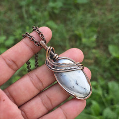 Dendrite Opal Gemstone Handmade Copper Wire Wrap Chain Pendant 2.55" Sunkarton