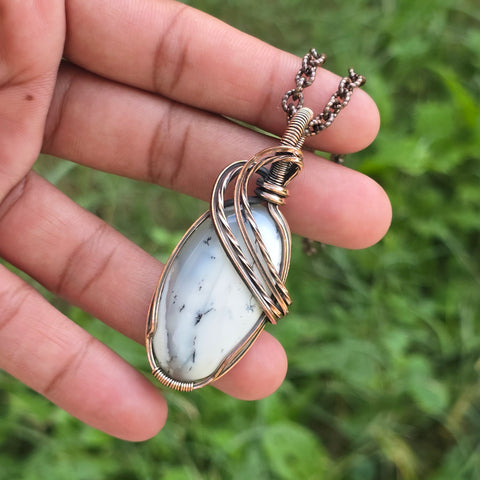 Dendrite Opal Gemstone Handmade Copper Wire Wrap Chain Pendant 2.55