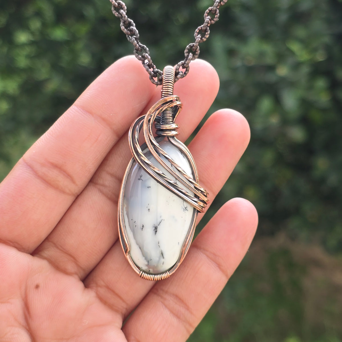 Dendrite Opal Gemstone Handmade Copper Wire Wrap Chain Pendant 2.55" Sunkarton