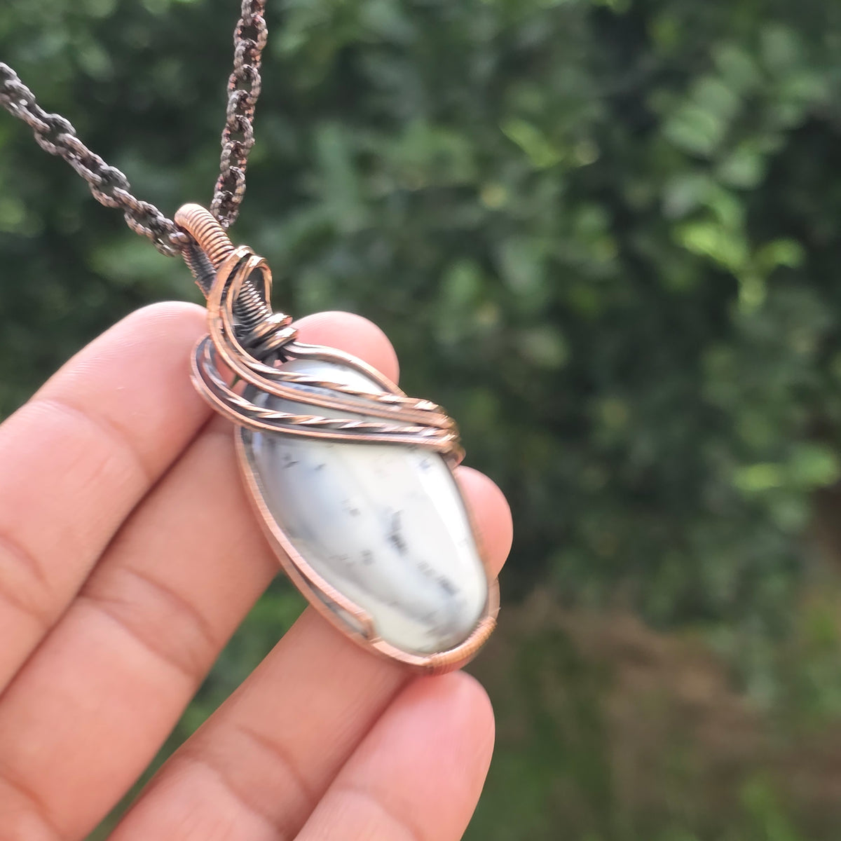 Dendrite Opal Gemstone Handmade Copper Wire Wrap Chain Pendant 2.55" Sunkarton