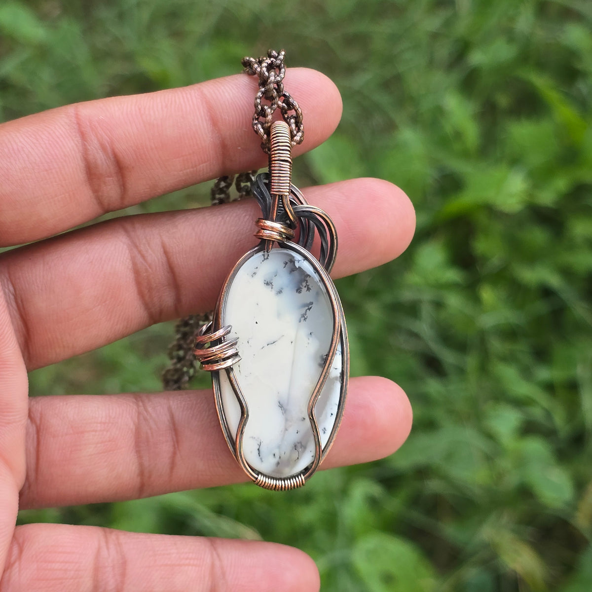 Dendrite Opal Gemstone Handmade Copper Wire Wrap Chain Pendant 2.55" Sunkarton