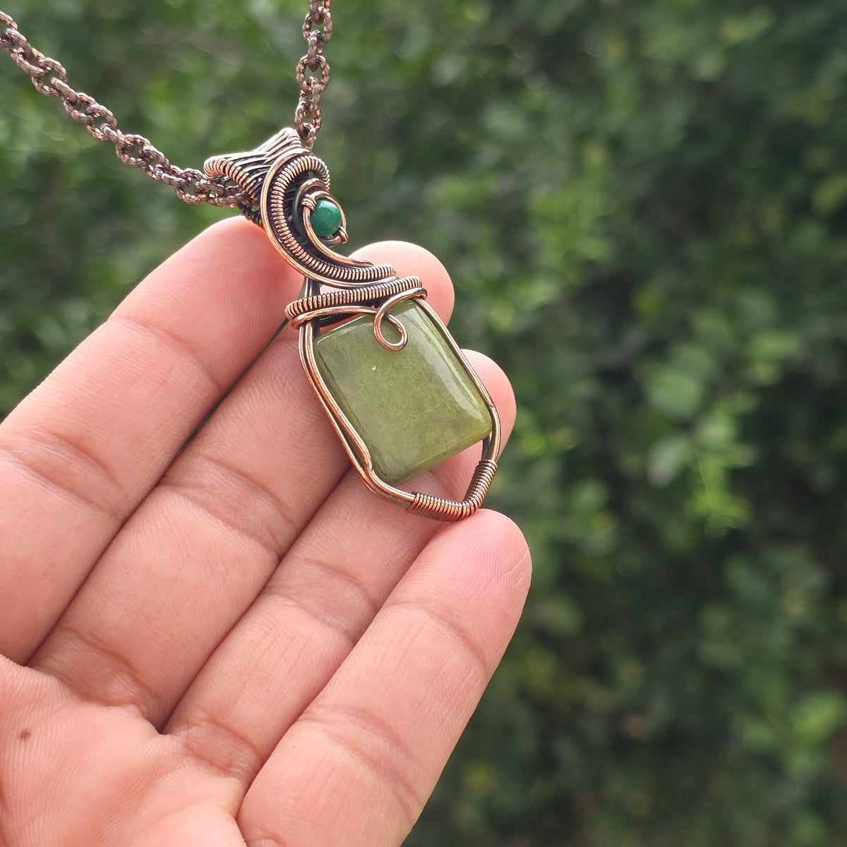 Lizarite Gemstone Handmade Copper Wire Wrap Chain Pendant 2.36" Sunkarton