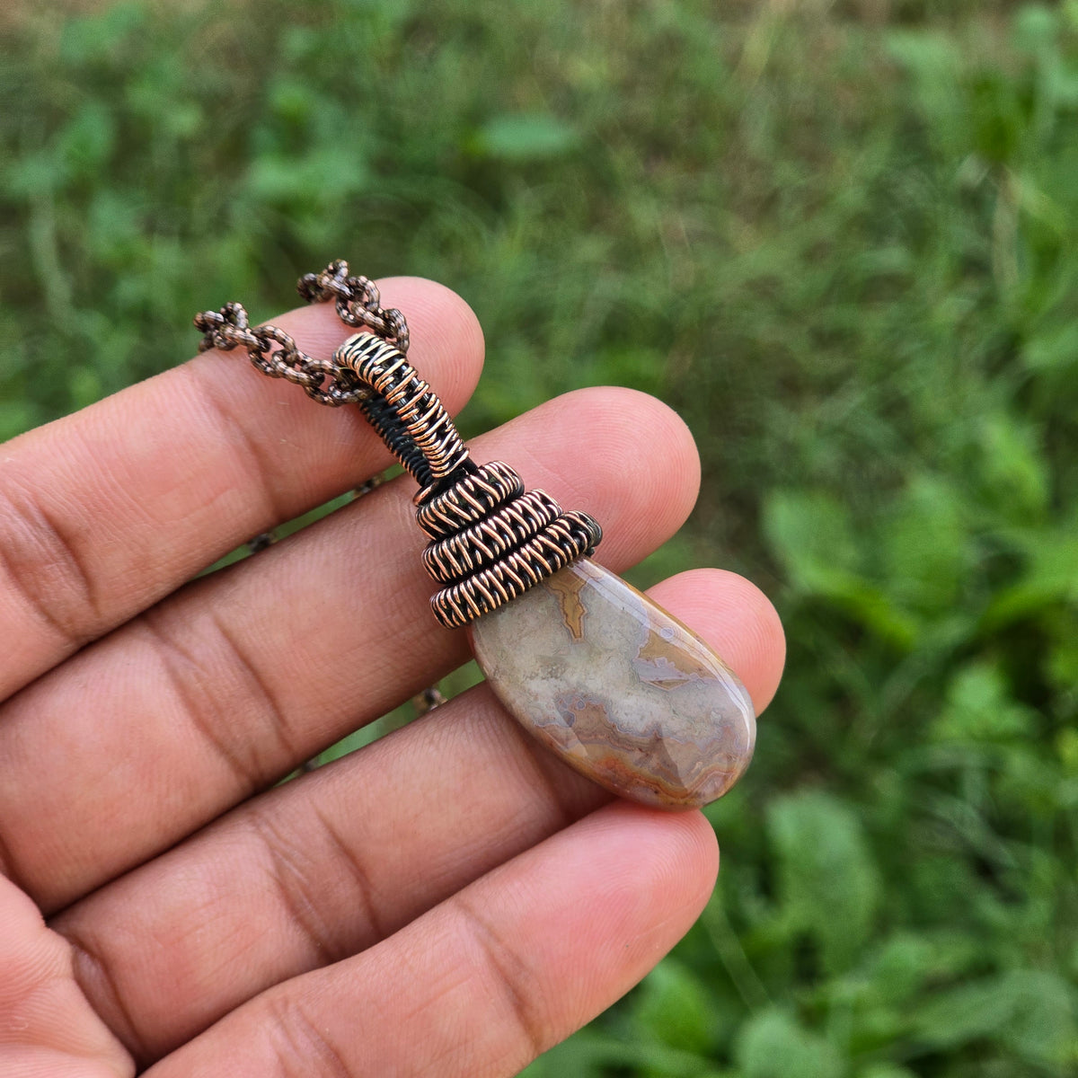 Crazy Lace Agate Gemstone Handmade Copper Wire Wrap Chain Pendant 1.96" Sunkarton