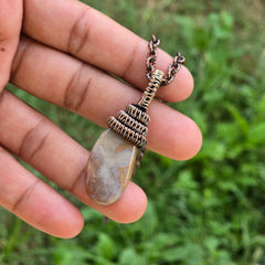 Crazy Lace Agate Gemstone Handmade Copper Wire Wrap Chain Pendant 1.96" Sunkarton