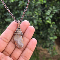 Crazy Lace Agate Gemstone Handmade Copper Wire Wrap Chain Pendant 1.96" Sunkarton