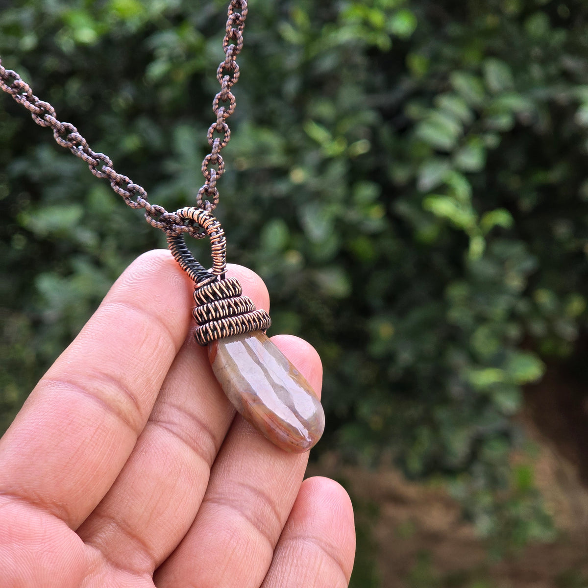 Crazy Lace Agate Gemstone Handmade Copper Wire Wrap Chain Pendant 1.96" Sunkarton