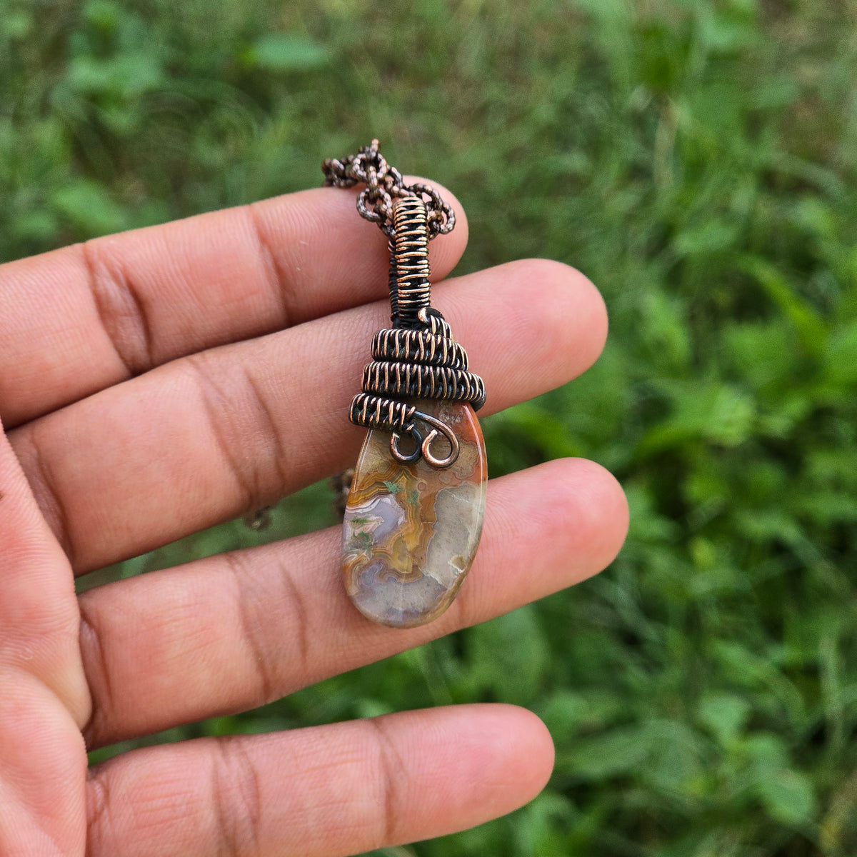 Crazy Lace Agate Gemstone Handmade Copper Wire Wrap Chain Pendant 1.96" Sunkarton