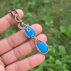 Blue Chalcedony Gemstone Handmade Copper Wire Wrap Chain Pendant 2.75" Sunkarton