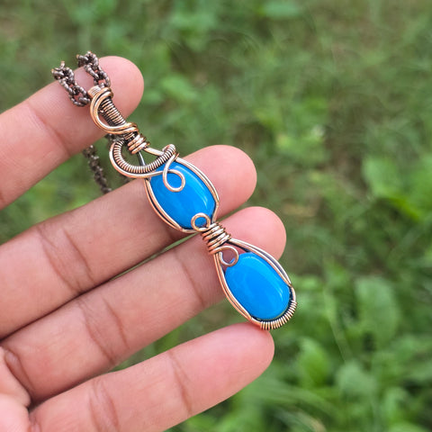 Blue Chalcedony Gemstone Handmade Copper Wire Wrap Chain Pendant 2.75