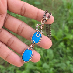 Blue Chalcedony Gemstone Handmade Copper Wire Wrap Chain Pendant 2.75" Sunkarton