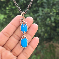 Blue Chalcedony Gemstone Handmade Copper Wire Wrap Chain Pendant 2.75" Sunkarton