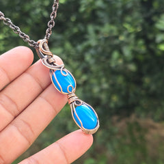 Blue Chalcedony Gemstone Handmade Copper Wire Wrap Chain Pendant 2.75" Sunkarton