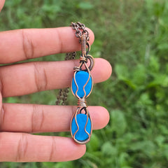 Blue Chalcedony Gemstone Handmade Copper Wire Wrap Chain Pendant 2.75" Sunkarton