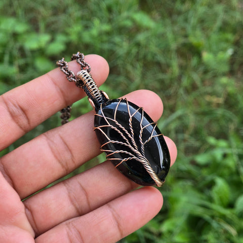Black Onyx Gemstone Handmade Copper Wire Wrap Chain Pendant 2.16