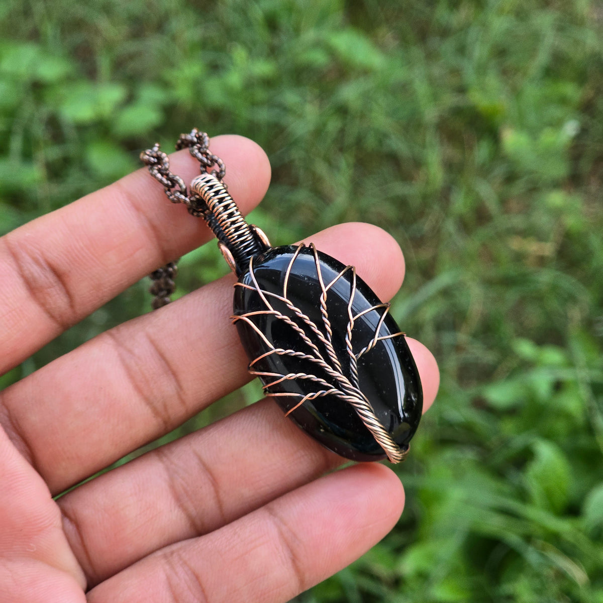 Black Onyx Gemstone Handmade Copper Wire Wrap Chain Pendant 2.16" Sunkarton