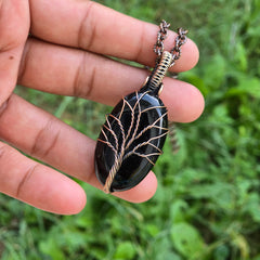 Black Onyx Gemstone Handmade Copper Wire Wrap Chain Pendant 2.16" Sunkarton