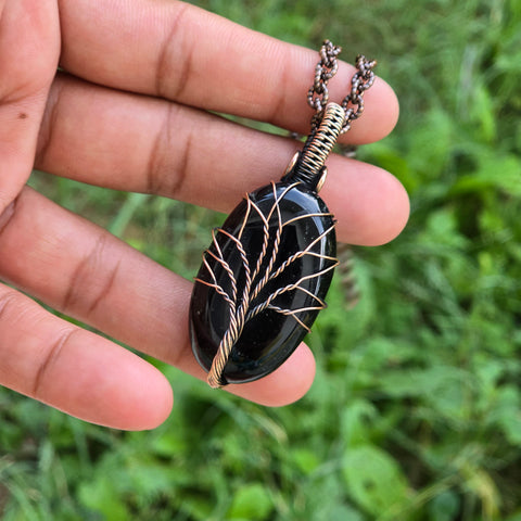 Black Onyx Gemstone Handmade Copper Wire Wrap Chain Pendant 2.16