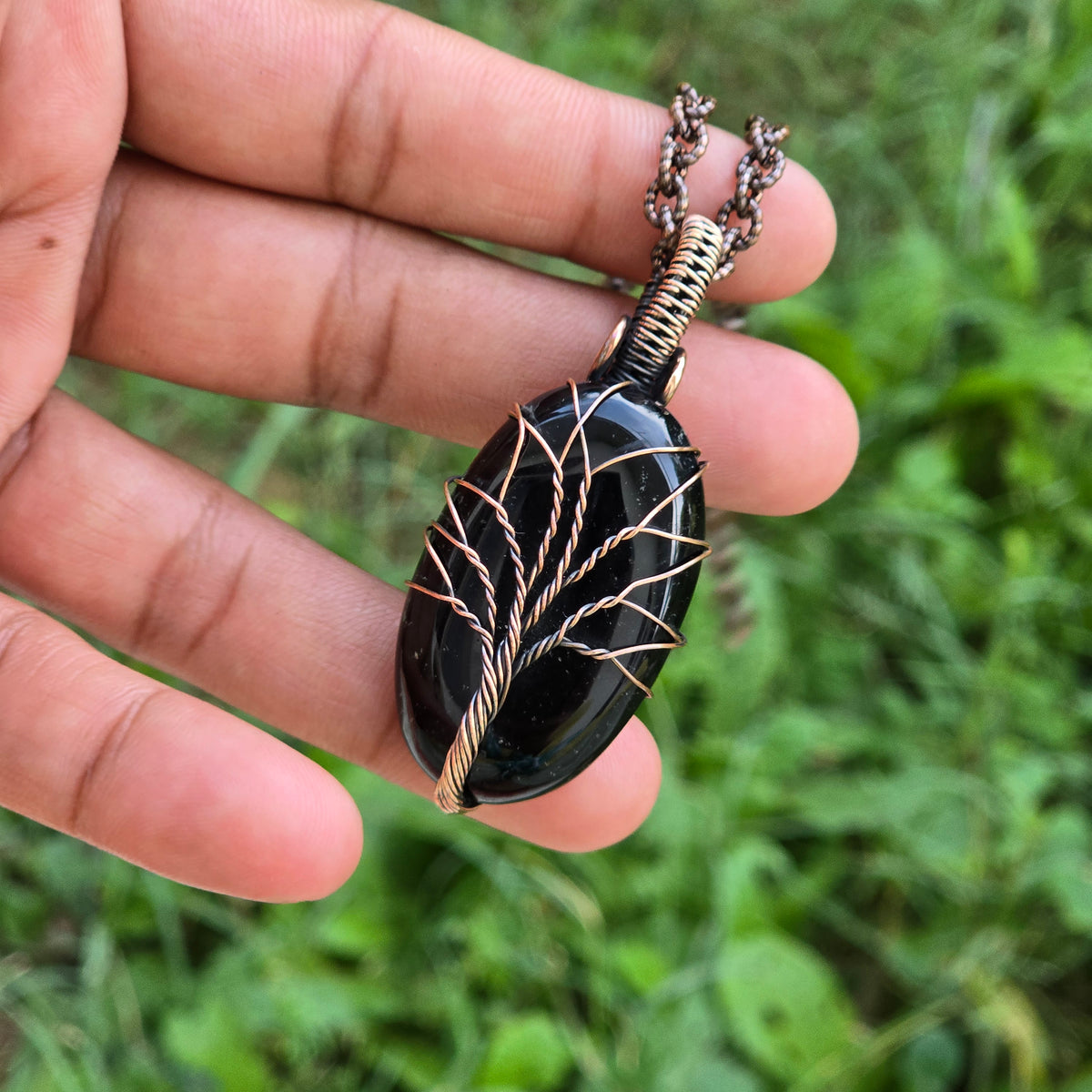 Black Onyx Gemstone Handmade Copper Wire Wrap Chain Pendant 2.16" Sunkarton