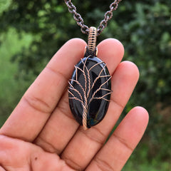 Black Onyx Gemstone Handmade Copper Wire Wrap Chain Pendant 2.16" Sunkarton