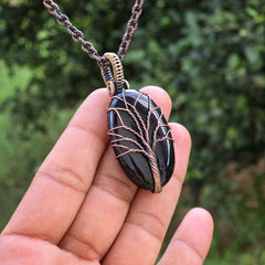 Black Onyx Gemstone Handmade Copper Wire Wrap Chain Pendant 2.16" Sunkarton