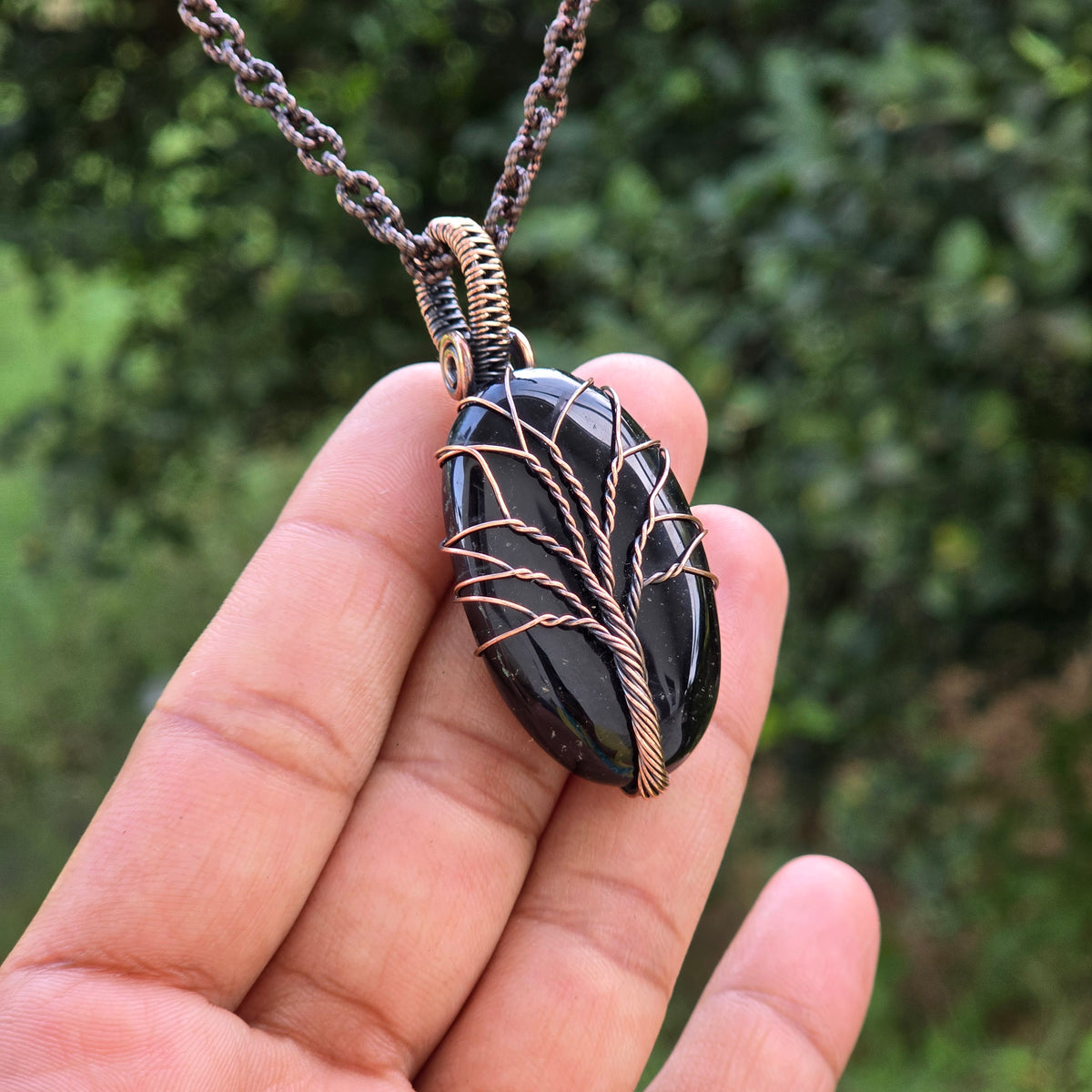 Black Onyx Gemstone Handmade Copper Wire Wrap Chain Pendant 2.16" Sunkarton