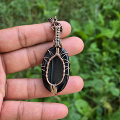 Black Onyx Gemstone Handmade Copper Wire Wrap Chain Pendant 2.16" Sunkarton