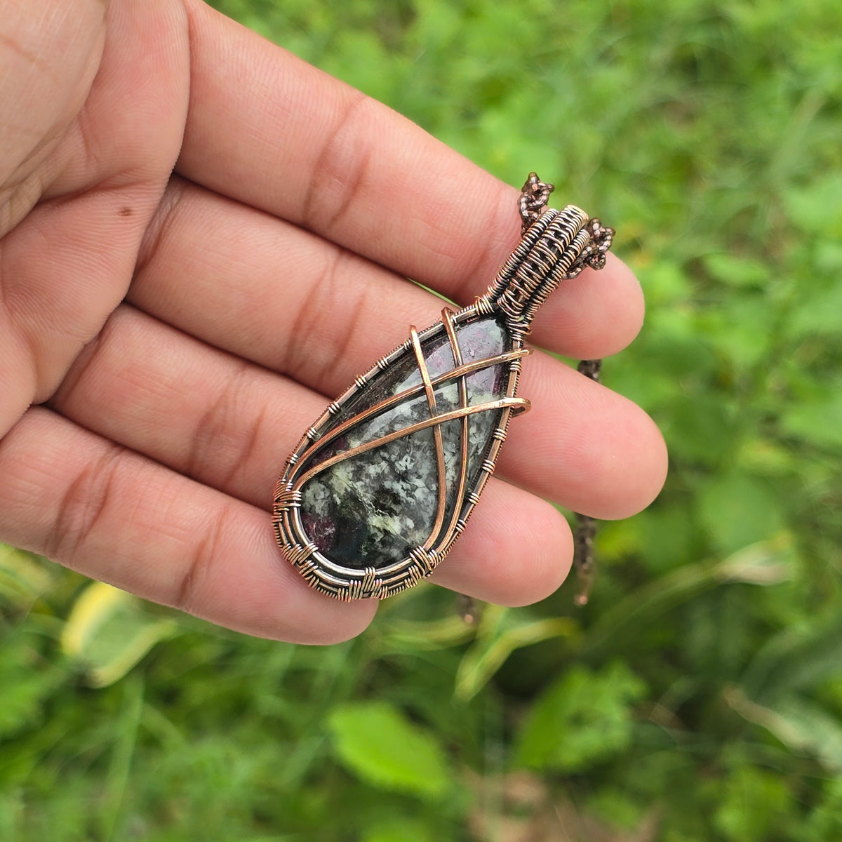 Eudialyte Gemstone Handmade Copper Wire Wrap Chain Pendant 2.36" Sunkarton