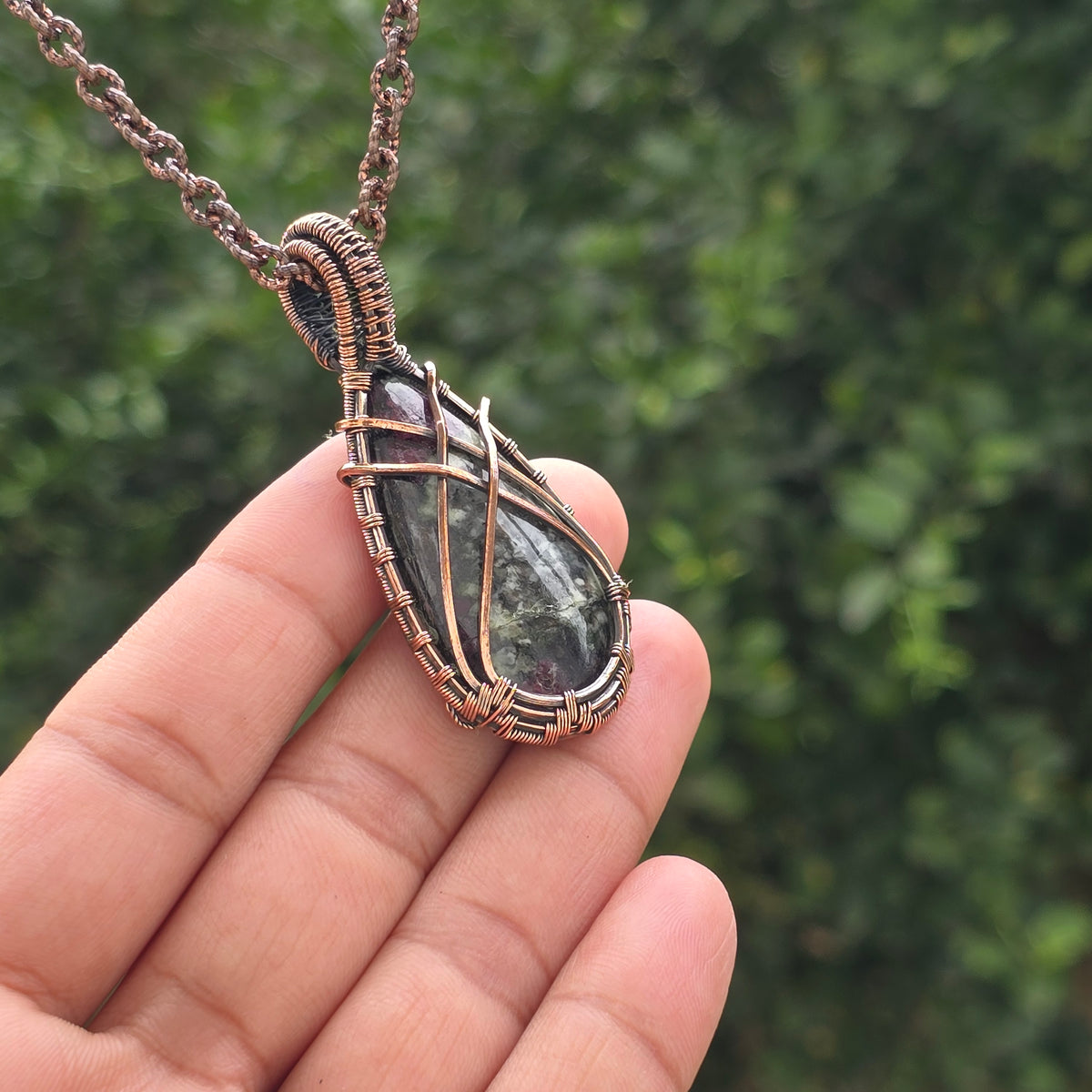 Eudialyte Gemstone Handmade Copper Wire Wrap Chain Pendant 2.36" Sunkarton