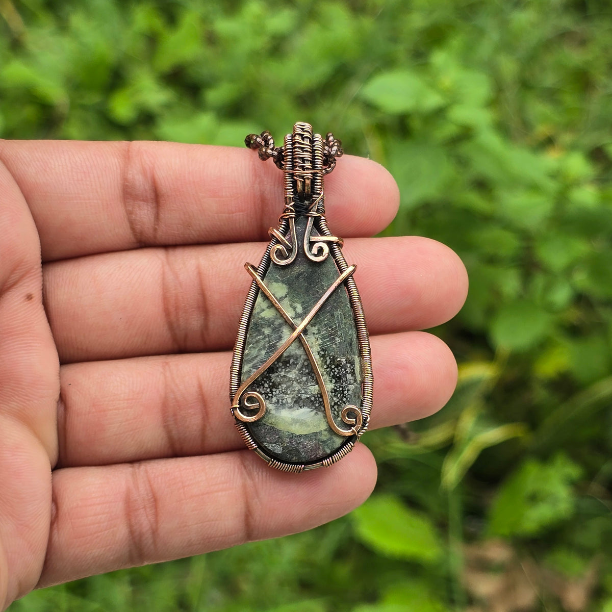 Eudialyte Gemstone Handmade Copper Wire Wrap Chain Pendant 2.36" Sunkarton