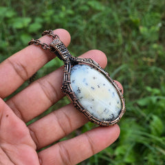 Dendrite Opal Gemstone Handmade Copper Wire Wrap Chain Pendant 2.75" Sunkarton