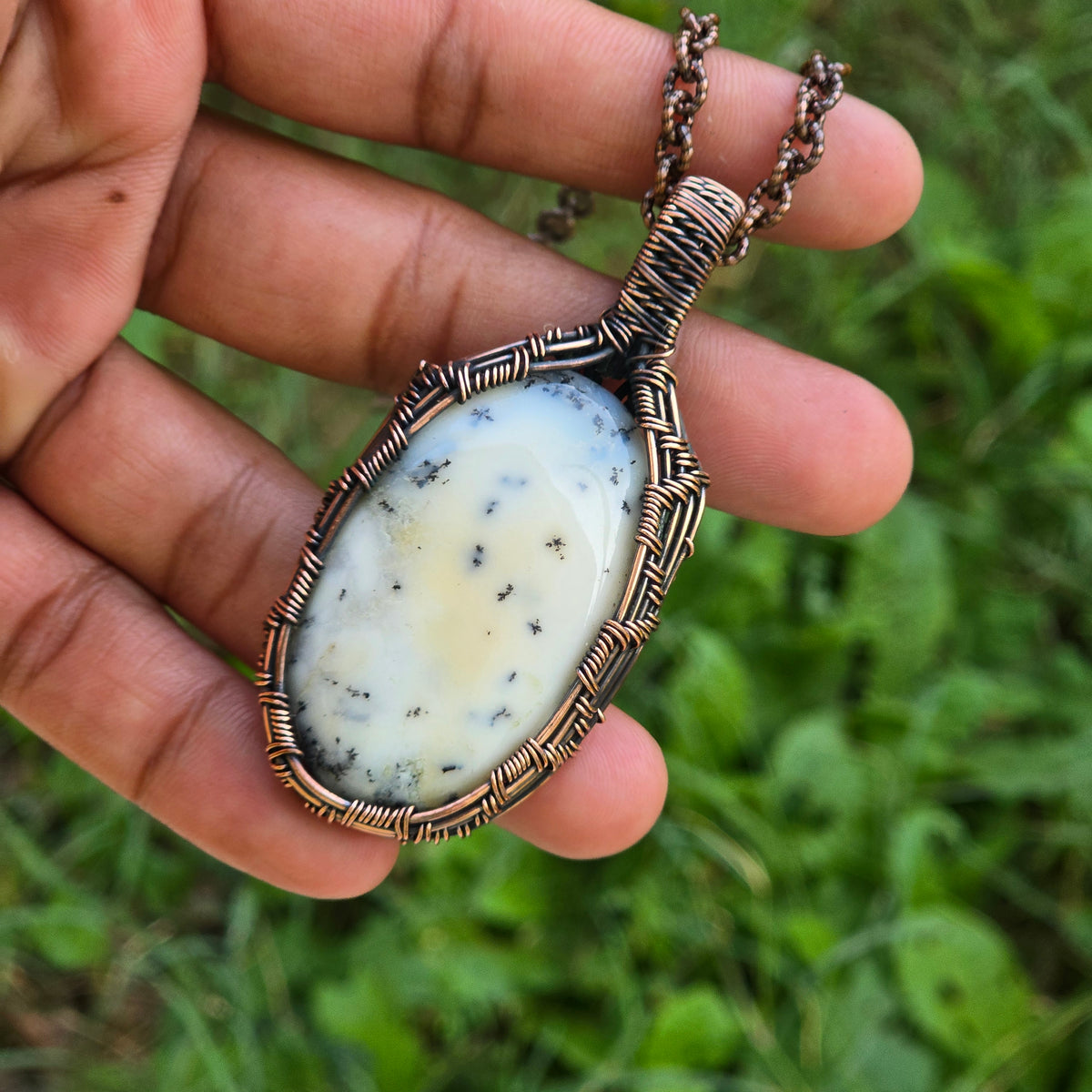 Dendrite Opal Gemstone Handmade Copper Wire Wrap Chain Pendant 2.75" Sunkarton