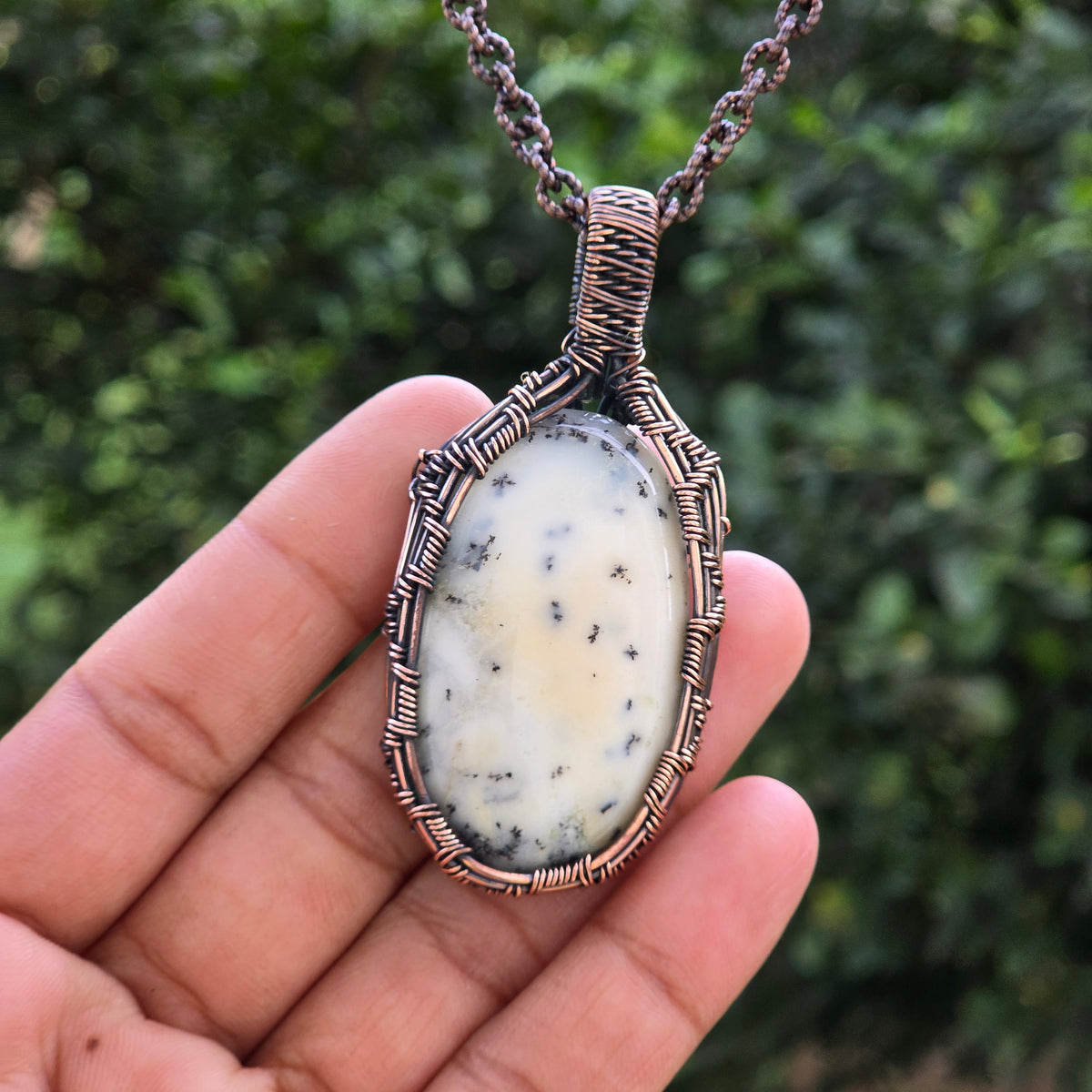 Dendrite Opal Gemstone Handmade Copper Wire Wrap Chain Pendant 2.75" Sunkarton
