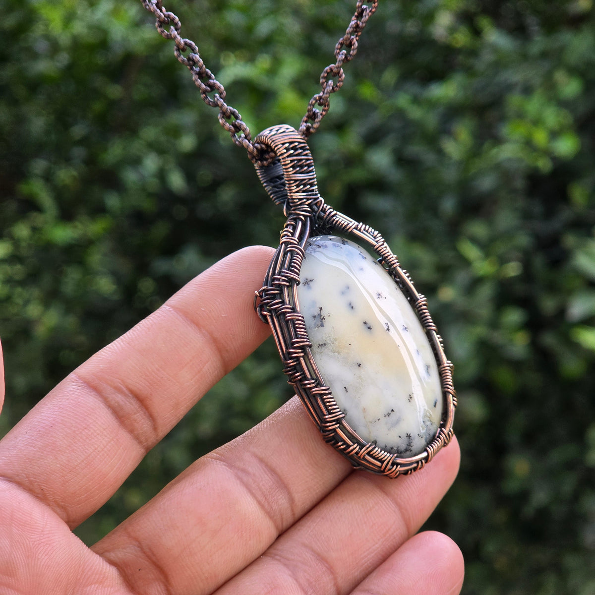 Dendrite Opal Gemstone Handmade Copper Wire Wrap Chain Pendant 2.75" Sunkarton