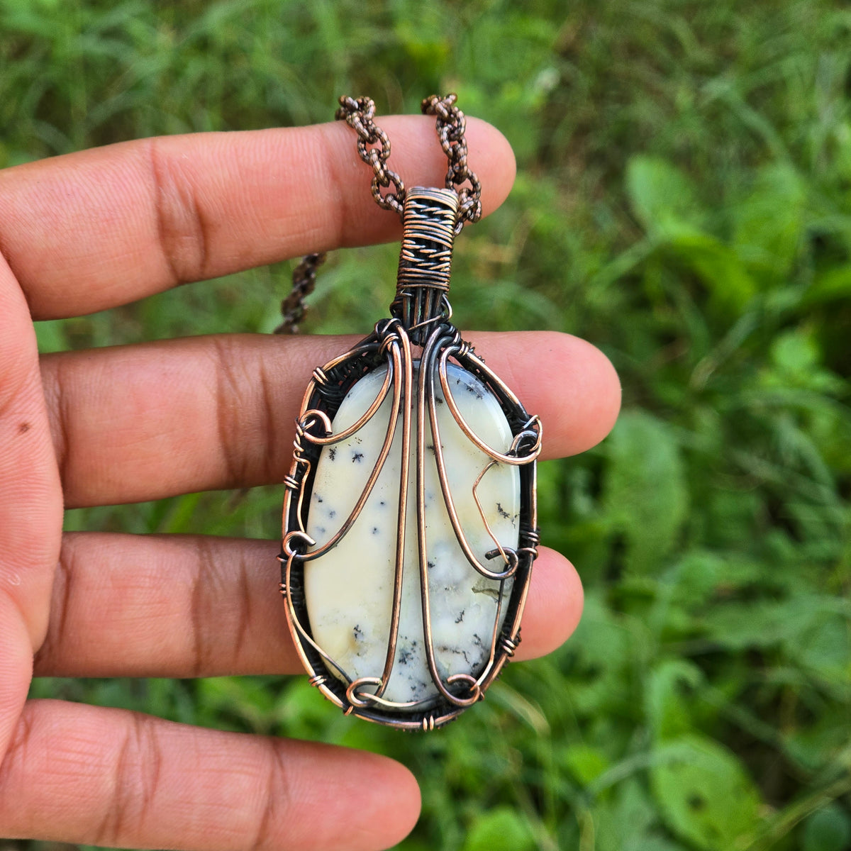 Dendrite Opal Gemstone Handmade Copper Wire Wrap Chain Pendant 2.75" Sunkarton