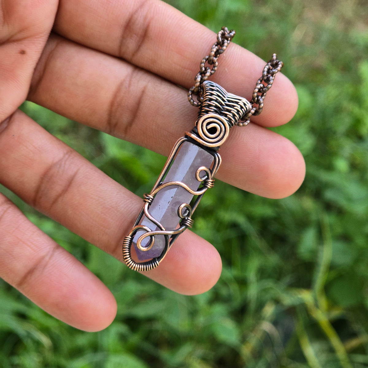 Amethyst Gemstone Handmade Copper Wire Wrap Chain Pendant 2.16" Sunkarton