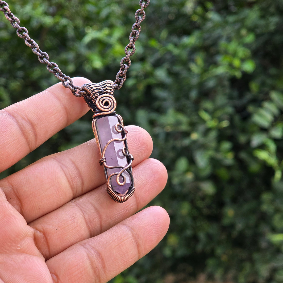 Amethyst Gemstone Handmade Copper Wire Wrap Chain Pendant 2.16" Sunkarton