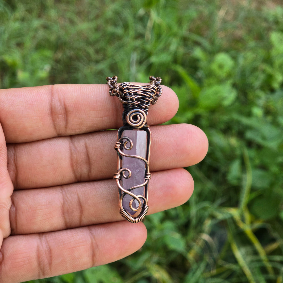 Amethyst Gemstone Handmade Copper Wire Wrap Chain Pendant 2.16" Sunkarton