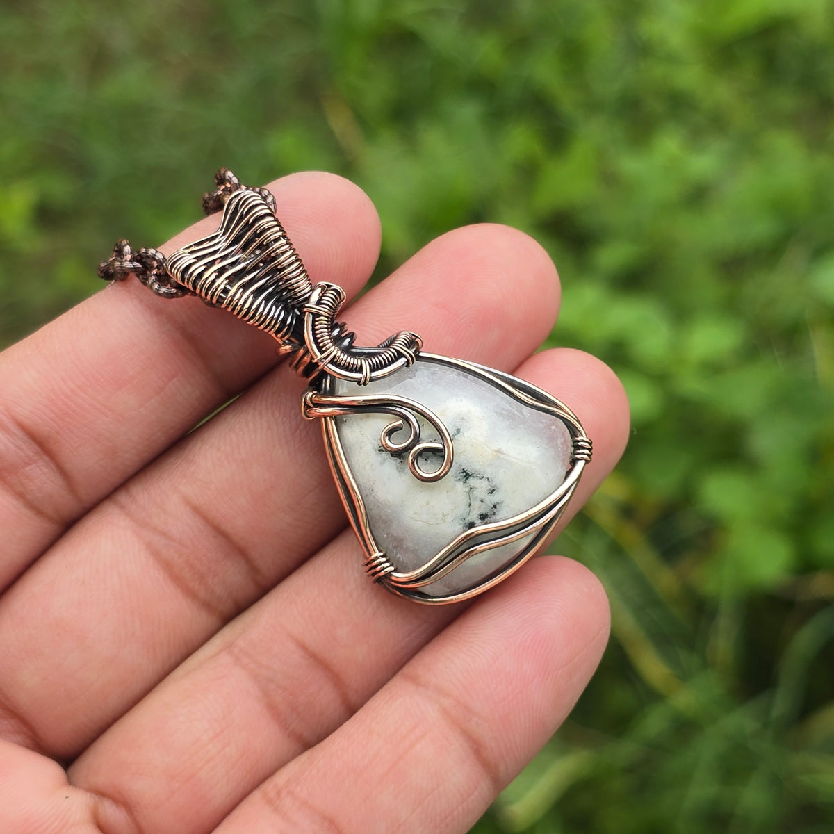 Solar Quartz Gemstone Handmade Copper Wire Wrap Chain Pendant 1.96" Sunkarton