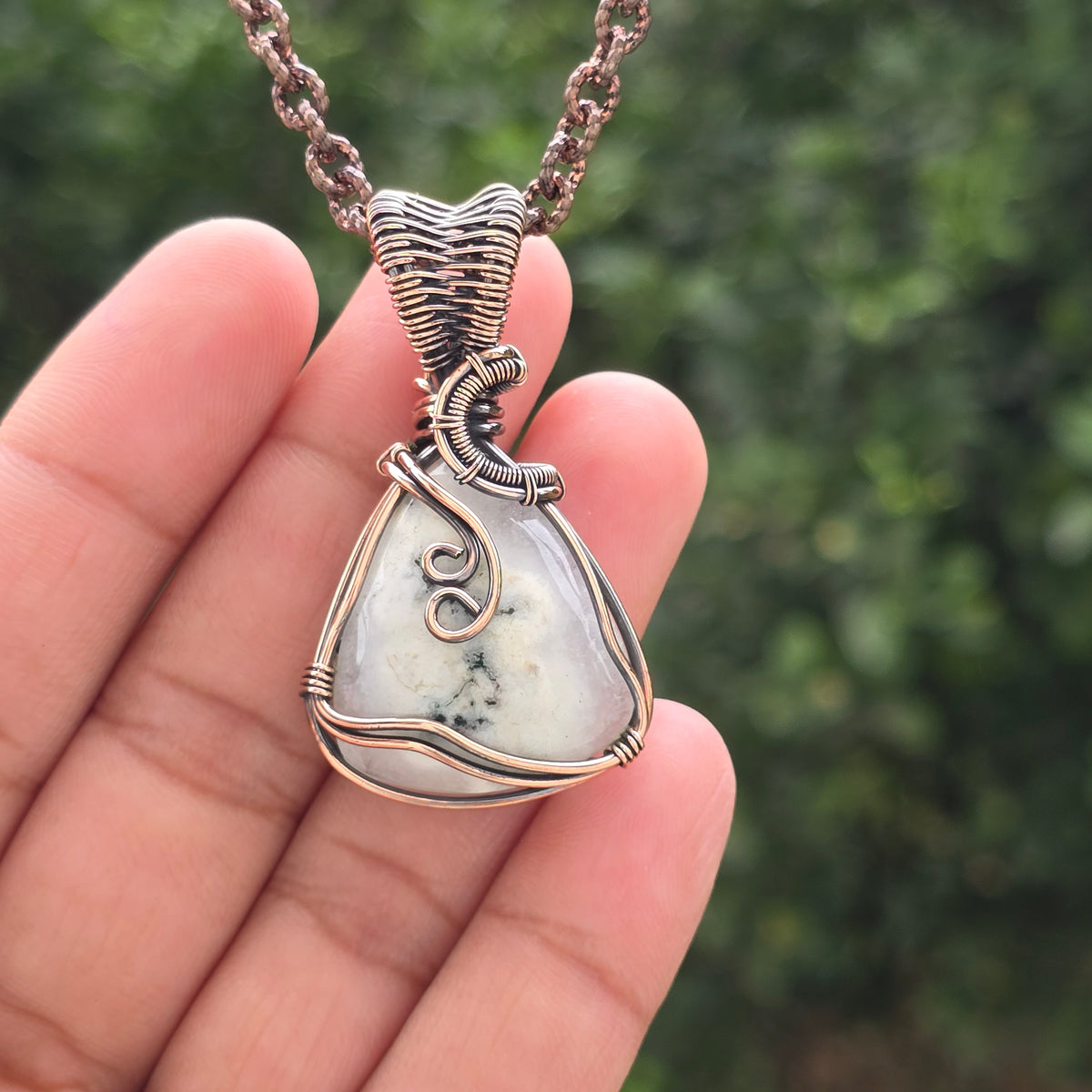 Solar Quartz Gemstone Handmade Copper Wire Wrap Chain Pendant 1.96" Sunkarton