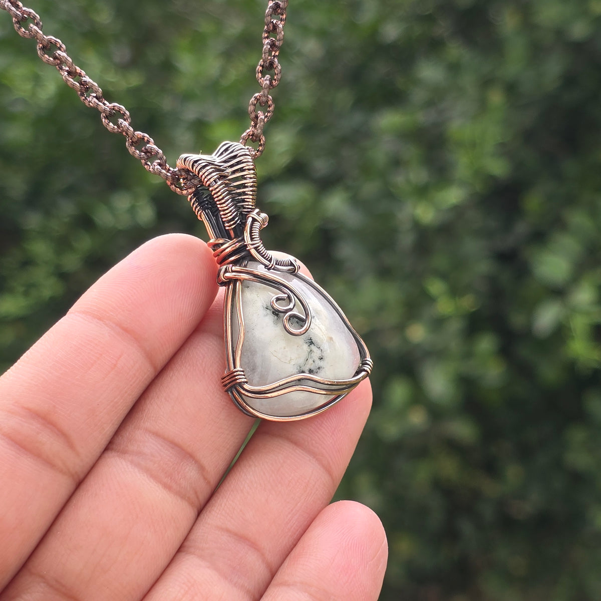 Solar Quartz Gemstone Handmade Copper Wire Wrap Chain Pendant 1.96" Sunkarton