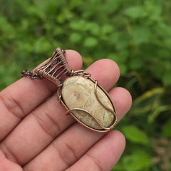 Root Palm Agate Gemstone Handmade Copper Wire Wrap Chain Pendant 1.96" Sunkarton